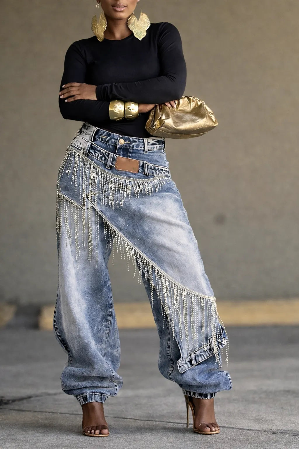 Rhinestone Fringe Double Waistband Wide Leg Denim Jeans