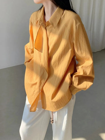 Yellow casual cotton-linen style button-down long-sleeved shirt