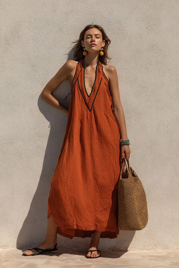 Women's Rust Orange V-Neck Ethnic Maxi Dress
