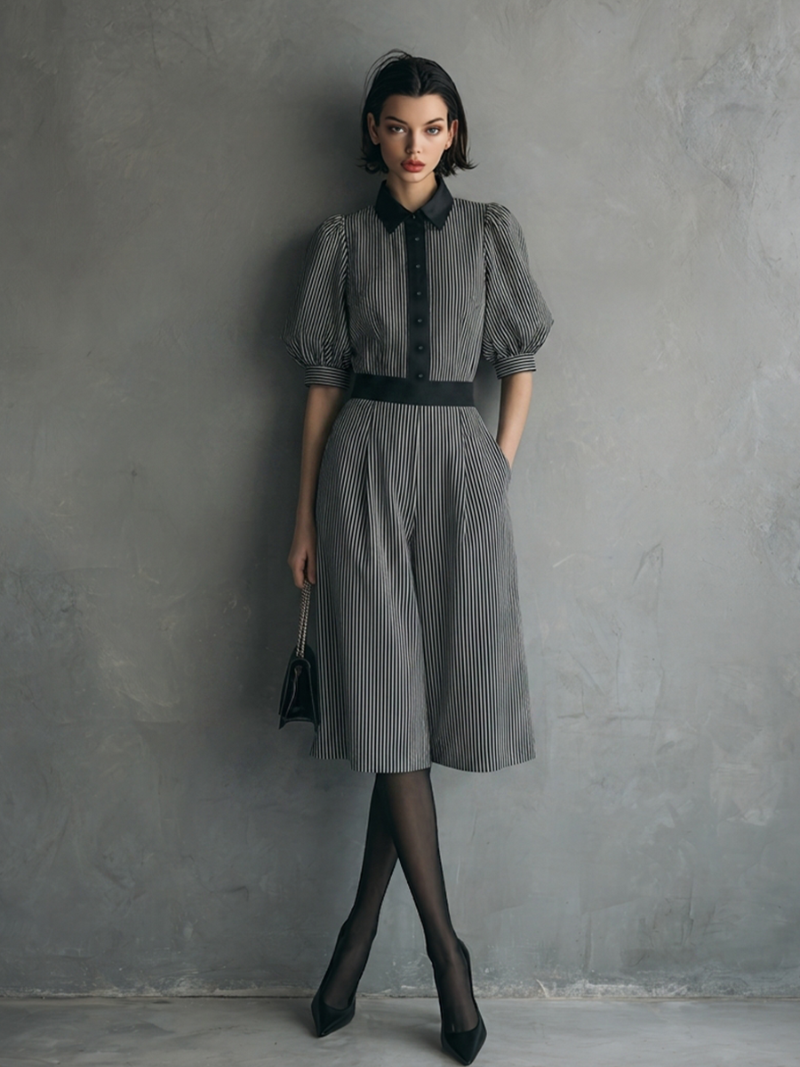 Women's Vintage Black & Gray Cotton-Blend Striped Color-Blocked Collared Waisted Culotte Jumpsuit MDZ2128D6GMJ