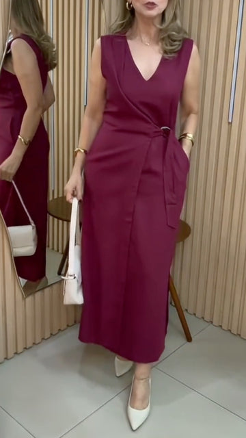 Women's V-Neck, Waist-Cinching, Sleeveless Faux Two-Piece Dress
