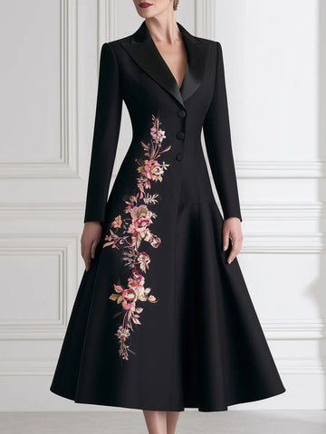 Floral Embroidered A-Line Blazer Midi Dress