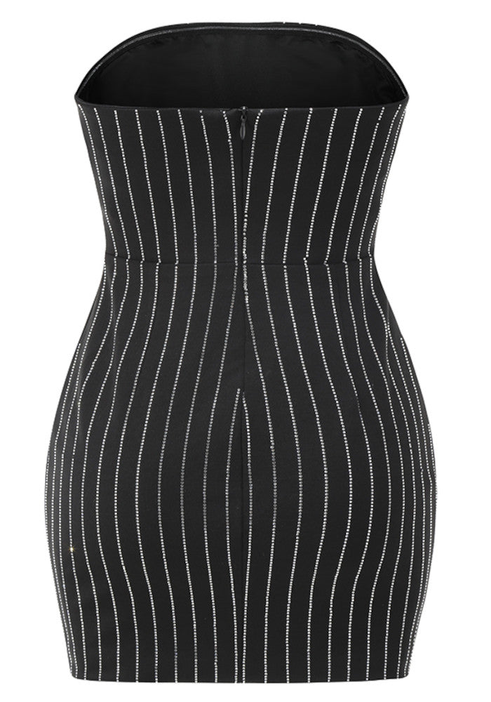 Strapless Crystal Stripes Dress Black