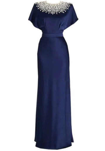 Embellished Cape Detail Maxi Dress Navy Blue