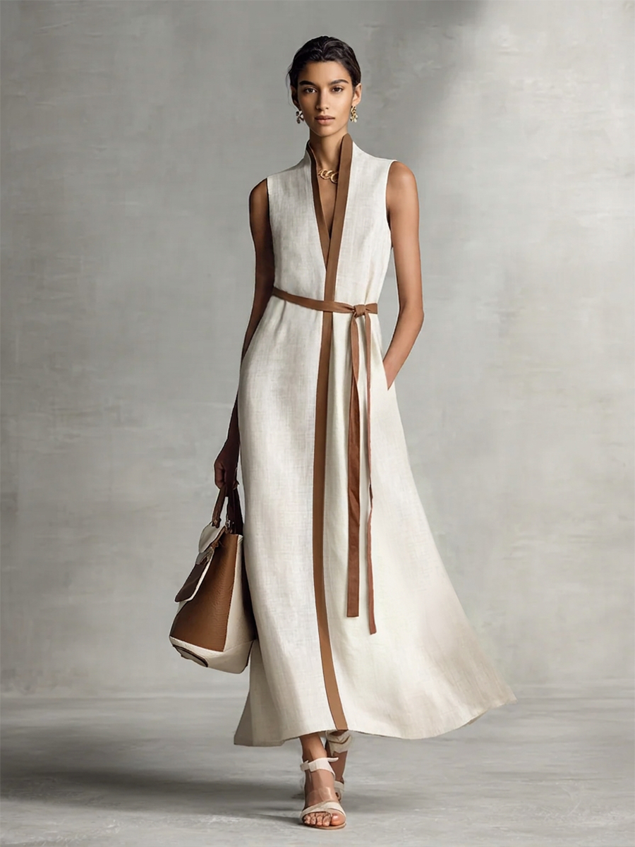 Women's Sleeveless V-Neck Tie-Waist Cotton Linen Maxi Dress MDZ1153B7BA