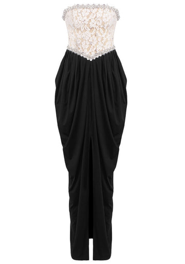 Strapless Crystal Lace Corset Maxi Dress Black White