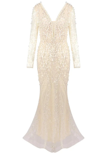 Long Sleeve Pearl Sequin Maxi Dress Ivory