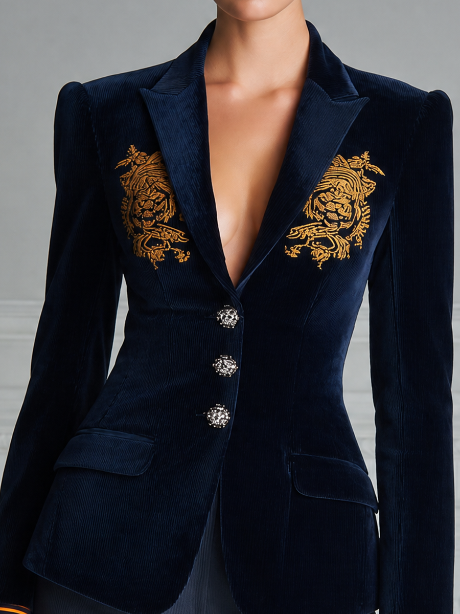 Navy Velvet Embroidered Peak Lapel Blazer