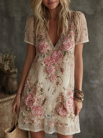 Women's Vintage Rose Floral Embroidery Art Cotton Linen V-neck Dress