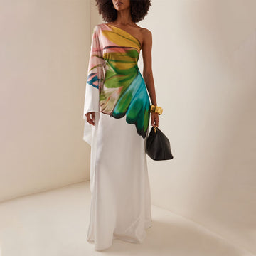 Oblique Shoulder Papillon Print Dress
