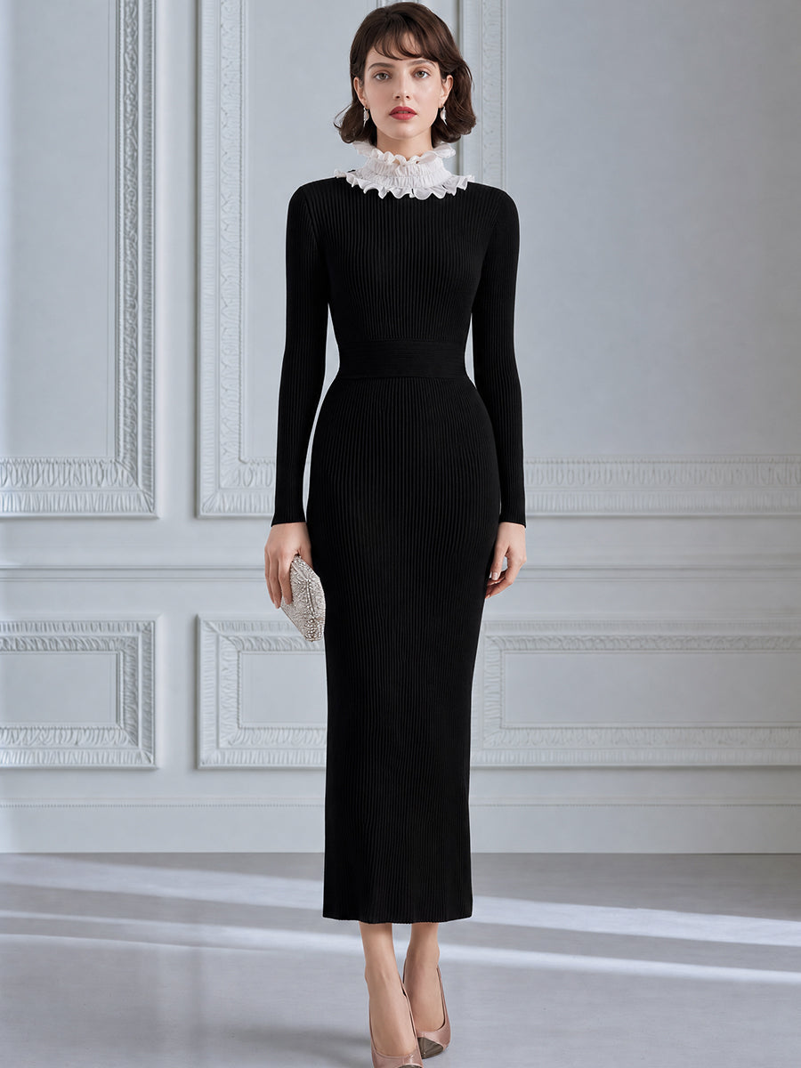 Ruffled High-Neck Ribbed Knit Maxi Dress