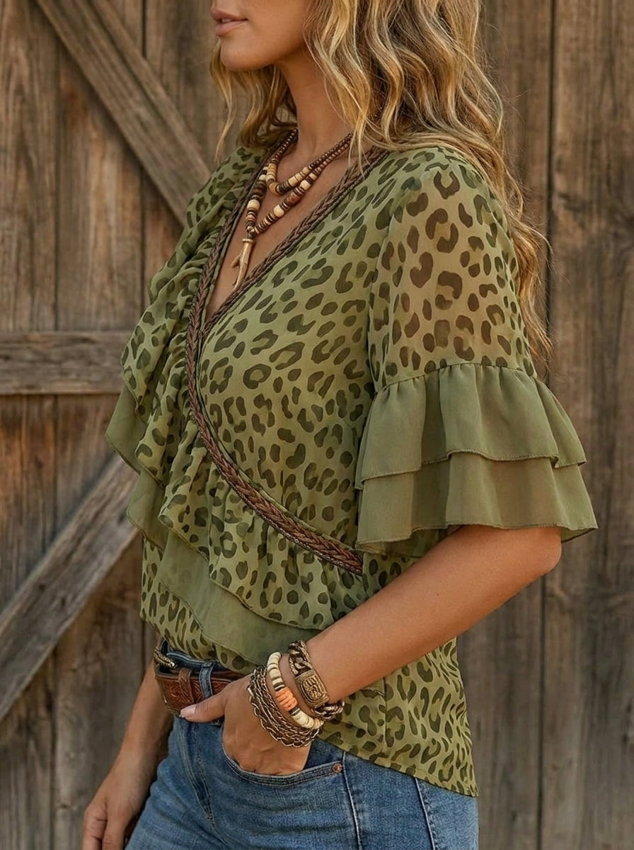 Vintage Leopard Print Casual Patchwork Ruffle Shirt