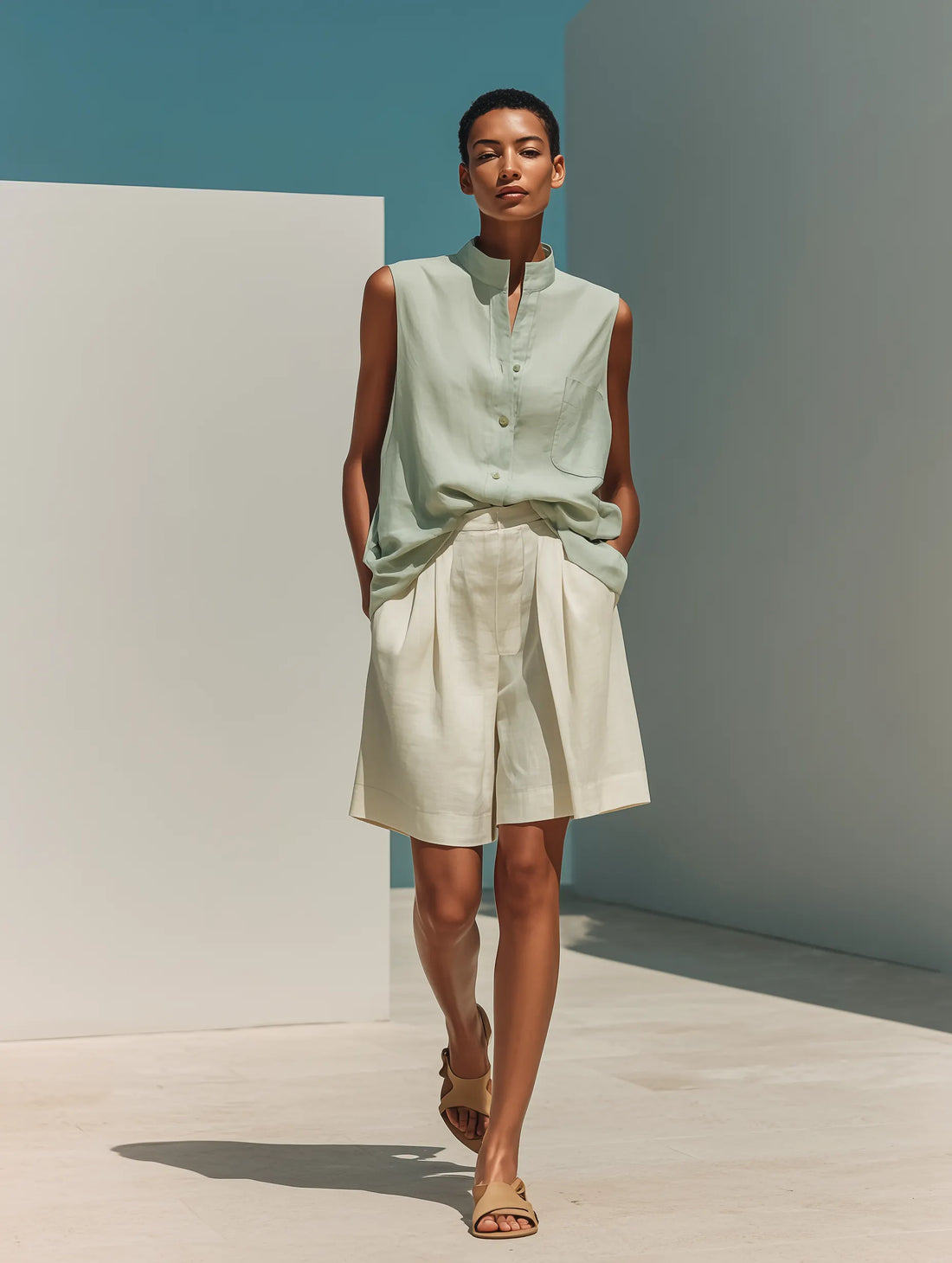 Women’s Mint Green Sleeveless Stand-Collar Linen Shirt & Beige Pleated Wide-Leg Shorts Two-Piece Set MDZ2848D9T