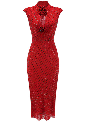Floral Detail Sparkly Midi Dress Red