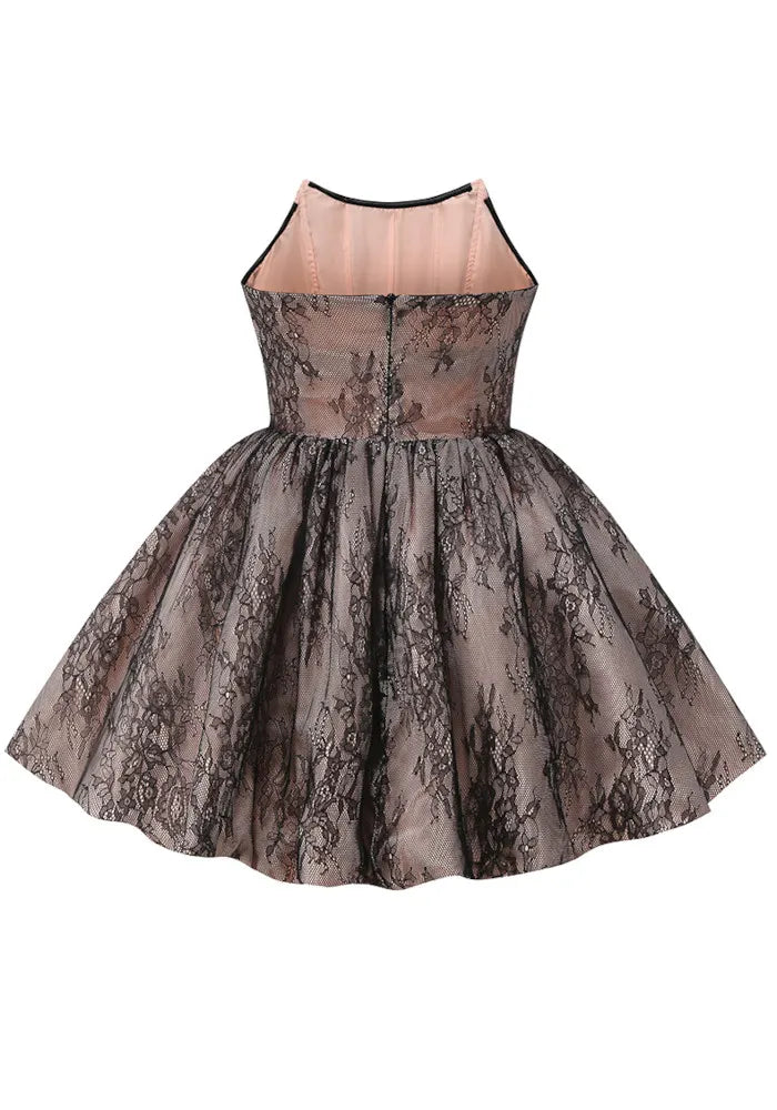 Strapless Floral Lace Puff Dress Taupe