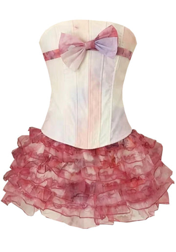 Strapless Ruffle Corset Two Piece Dress Pink