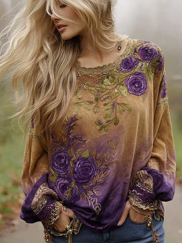 Women's Purple Floral Embroidery Gradient Casual T-shirt
