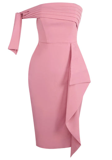 One Shoulder Bardot Ruffle Midi Dress Pink