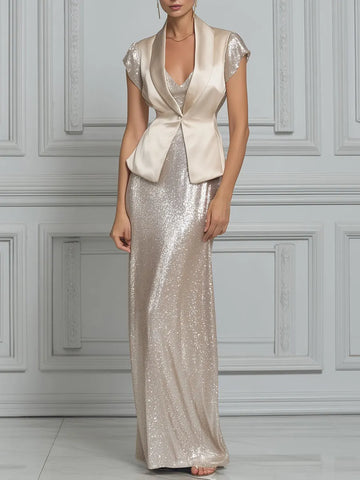 Satin Peplum Vest Sequin Maxi Dress