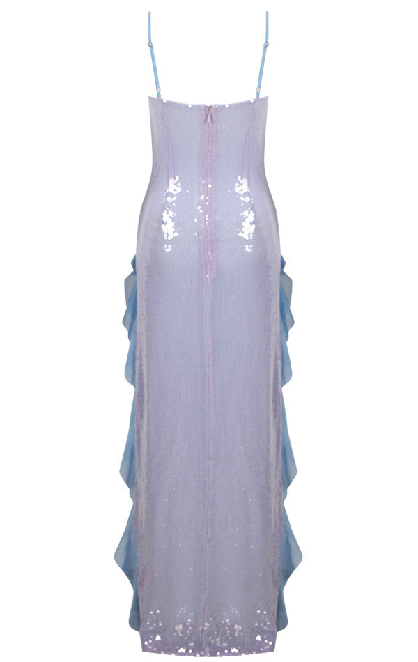 Flower Ruffle Detail Sequin Maxi Dress Silver Blue