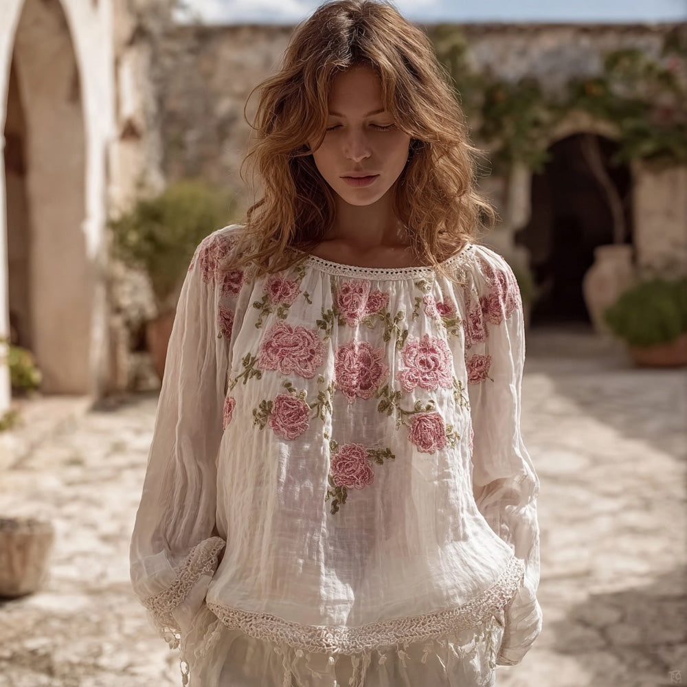 Vintage Boho Roses Lace Patchwork Linen Tunic