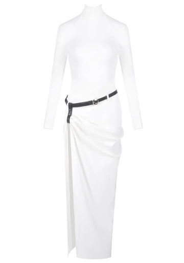 Long Sleeve Belt Backless Maxi Dress White