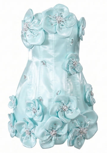 Strapless Pearl Crystal Floral Dress Turquoise