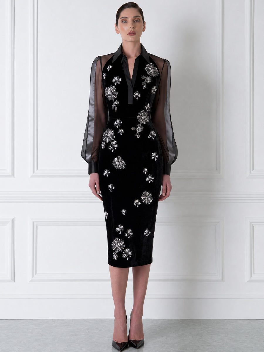 Beaded Firework Floral Sheer Sleeve Collared Velvet Bodycon Midi Dress
