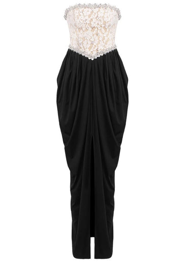 Strapless Crystal Lace Corset Maxi Dress Black White
