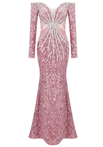 Long Sleeve Bardot Crystal Sequin Maxi Dress Pink
