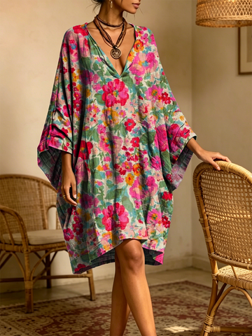 Women's Retro Floral Art Print Casual Three-quarter Sleeve V-neck Cotton Linen Short Dress
