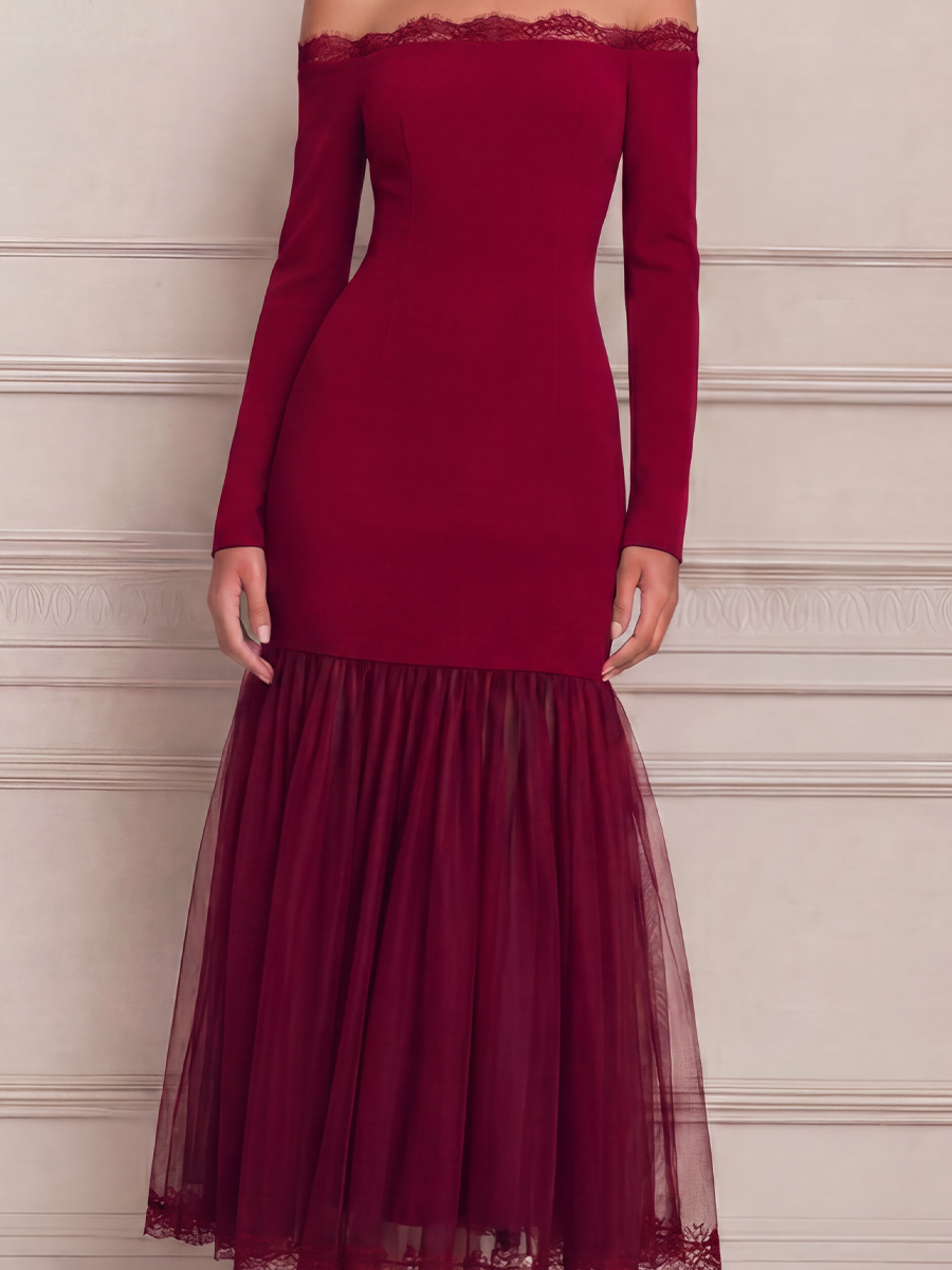 Red Dress Lace Trim Fall Wedding Guest Dress Off Shoulder Tulle Maxi Dress