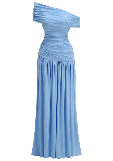 Draped Bardot A Line Maxi Dress Blue