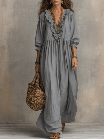 Bohemian Ruffle-Trim Flowy Maxi Dress