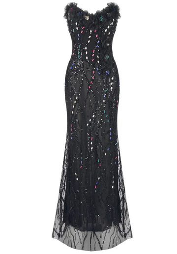 Strapless Floral Crystal Sequin Maxi Dress Black
