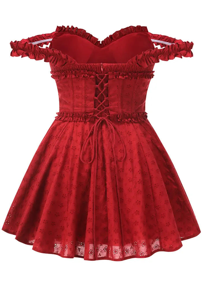 Bardot Broderie Corset A Line Dress Red