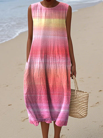 Women's Retro Cancer Awareness Ribbon Gradient Art Print Sleeveless Cotton Wrap Dress