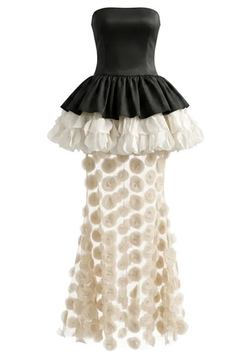 Strapless Floral Peplum Maxi Dress Black Ivory