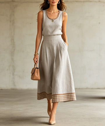 Women's Sleeveless Plaid Decoration A Pendulum Dress Grey Set