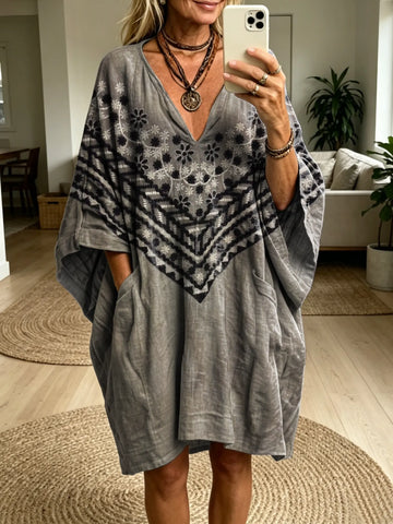 Women's Retro-Textured Ethnic Floral Art Print Batwing Sleeve Casual Fashion Dress