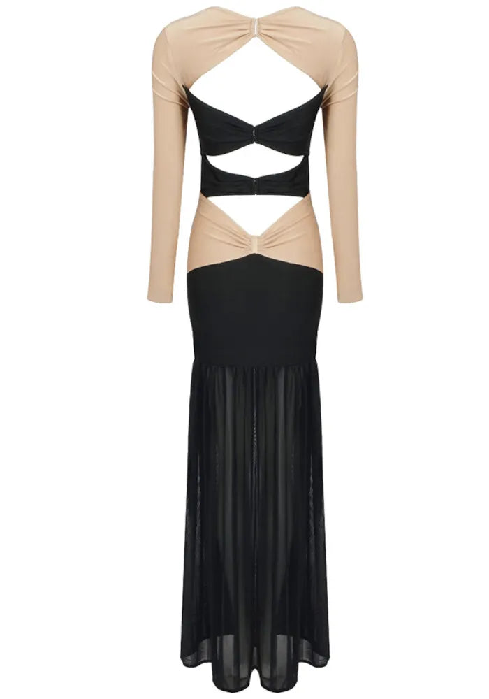 Long Sleeve Cut Out Detail Maxi Dress Black Nude