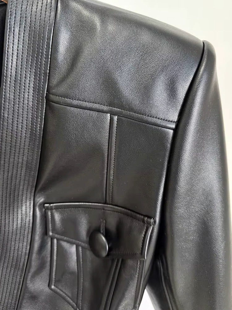 Long Sleeve Belt Faux Leather Jacket Black