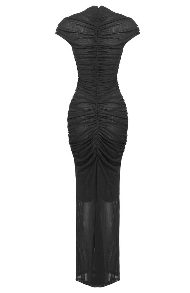 Keyhole Detail Ruched Maxi Dress Black