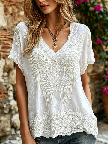 Women's Romantic Floral And Wings Art Linen Blend Short Sleeve Tops