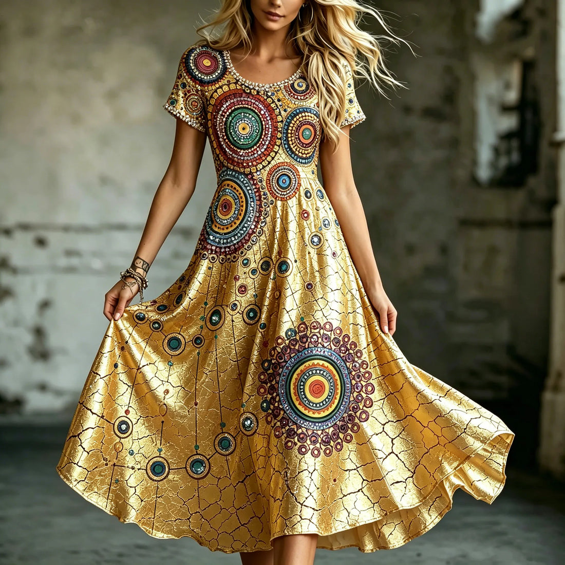 Women's Retro Mandala Geometric Pattern Casual Round Neck Dress