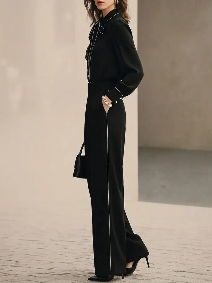 Black And White Trimmed Bow-tie Blouse And Wide-leg Trousers Two-piece Set