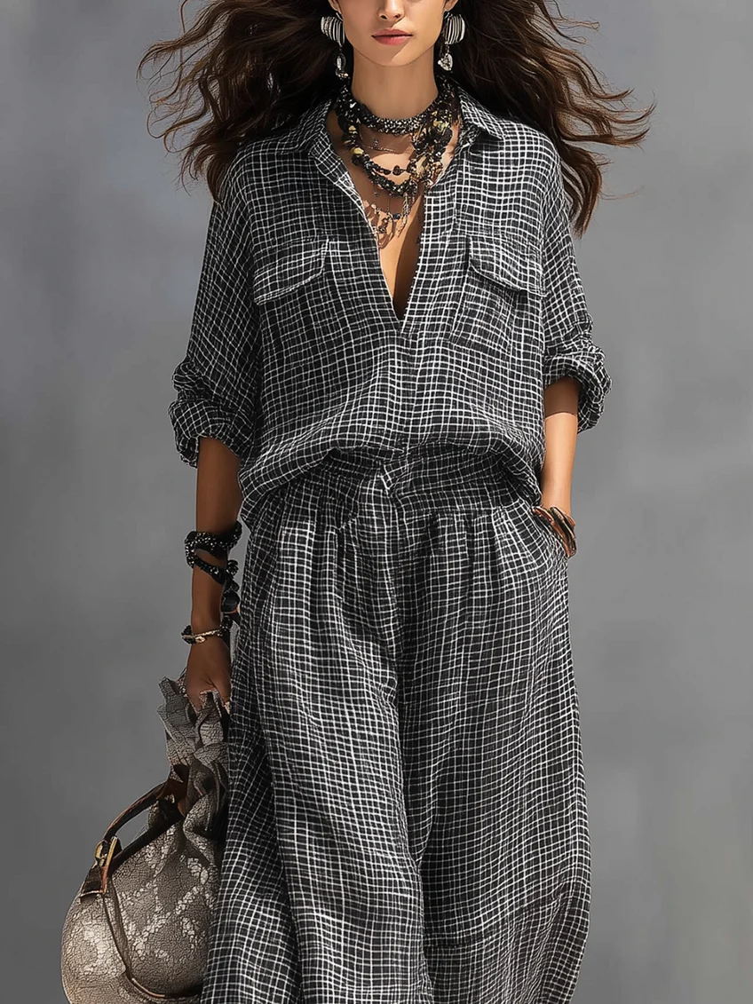 Black And White Checkered Shirt And Wide-leg Lantern Pants Suit