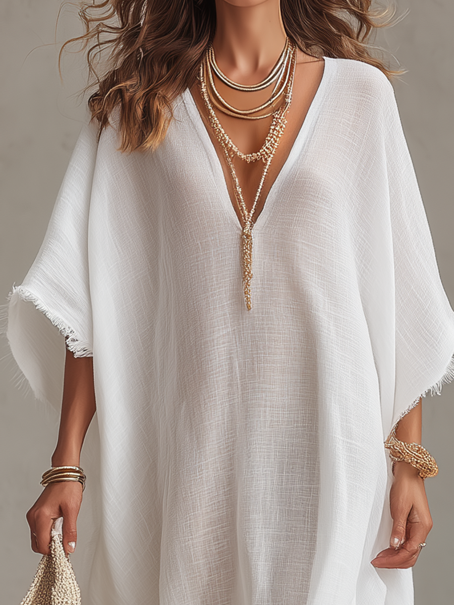 Relaxed Linen Blend V-Neck Midi Dress