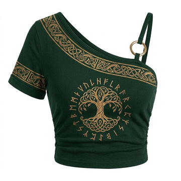 Women's Viking-Print One-Shoulder Cropped Cami T-Shirt