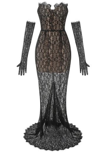 Strapless Lace Bustier Corset Maxi Dress Black